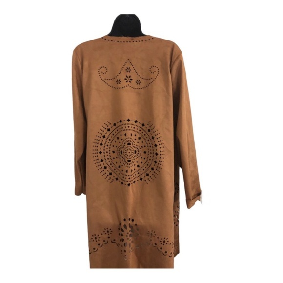 Brown boho laser cut faux suede overcoat topper jacket‎ size large new - Picture 3 of 17